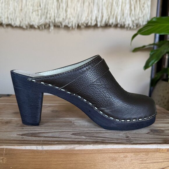 Maguba Stockholm Olive Green Genuine Leather Dark Wood Heeled Mule Clog Size 6 - Picture 7 of 15